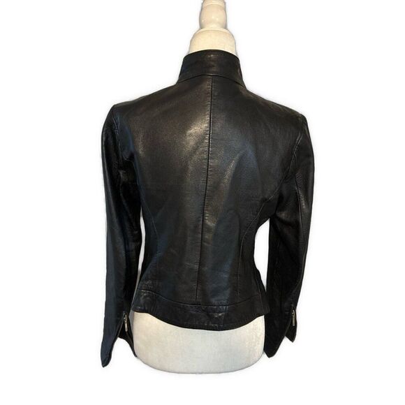 Identity Solid Black Genuine Leather Long Sleeve Zip Up Biker Jacket 6 Small - Picture 2 of 4